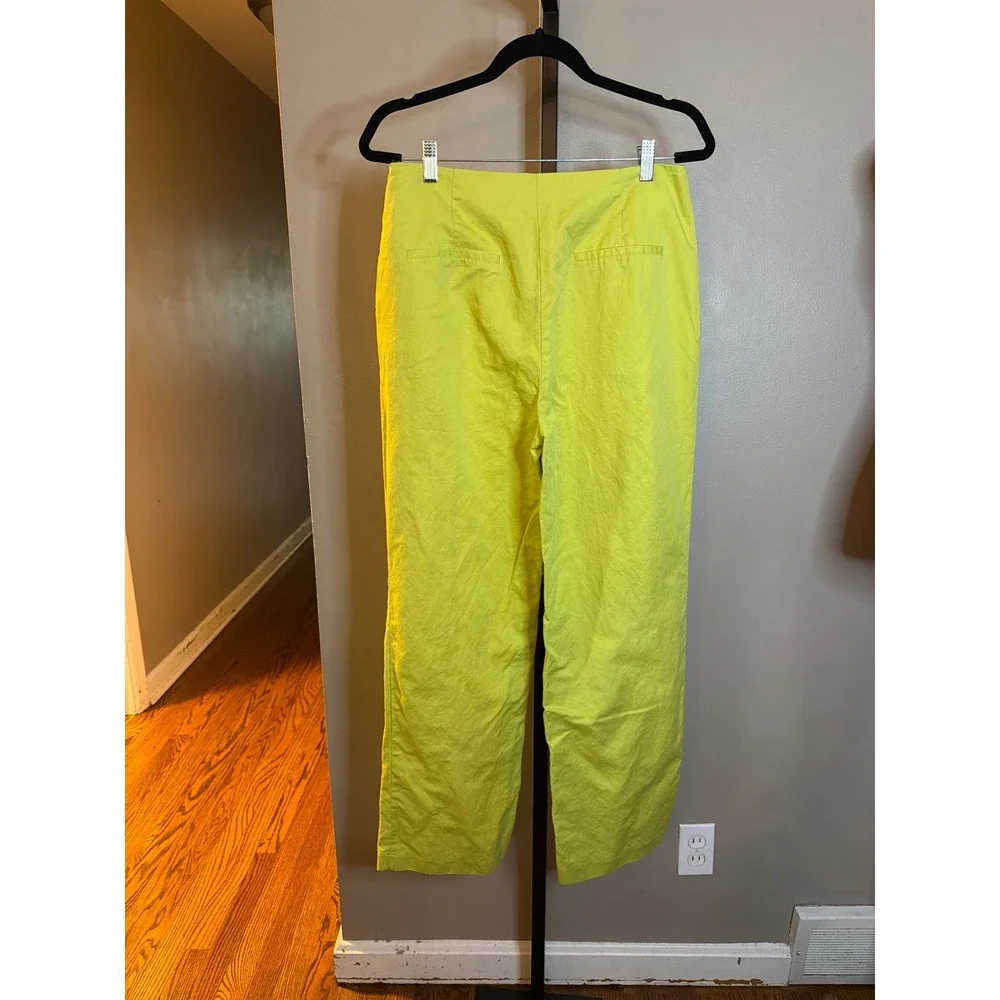 Zara Womens Lime Green Neon Cotton Linen Wide Leg High Waisted Pants Size L